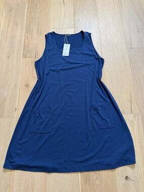 OFEEFAN T-Shirt Dress Womens XL Navy Sleeveless Short Pockets Casual Jersey